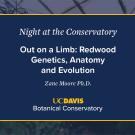 A digital event slide for Night at the Conservatory at UC Davis Botanical Conservatory. The slide has a navy blue background with white and yellow text, featuring the title Out on a Limb: Redwood Genetics, Anatomy, and Evolution by Zane Moore, Ph.D. A blurred greenhouse image is visible in the background.