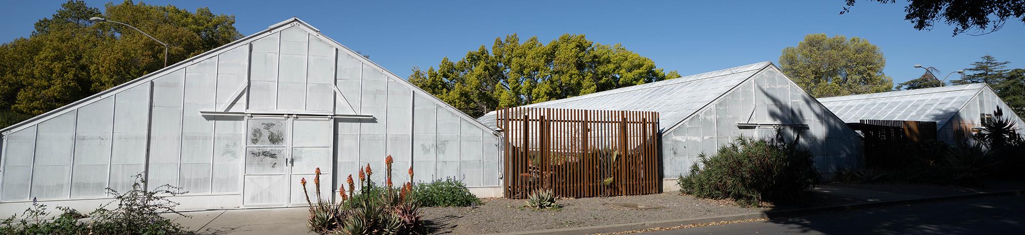 Exterior view of white greenhouse structures surrounded by trees and landscaping.